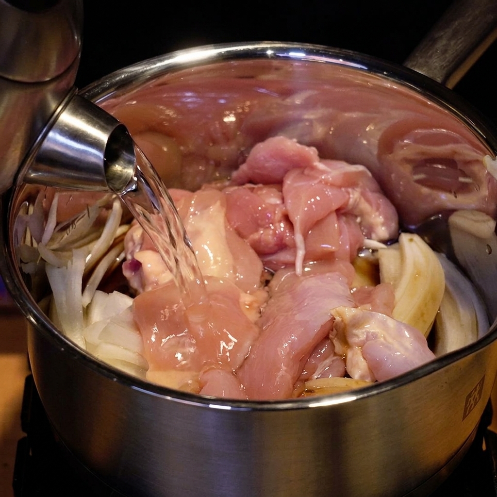鶏肉と玉ねぎが入った鍋に、具材がひたひたになる程度の水を注いでいる様子。
