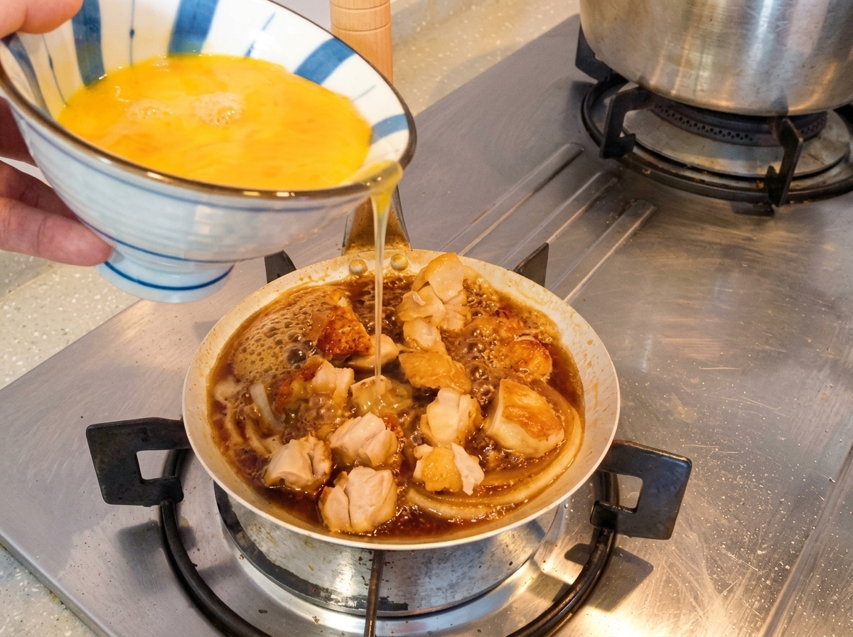 フライパンの中で煮立つ鶏肉と玉ねぎの上に、軽く溶いた卵を回し入れている様子。
