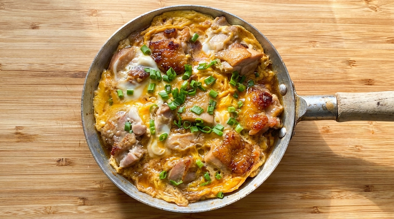 とろとろの卵と香ばしく焼かれた鶏肉がフライパンに並び、新鮮な青ねぎが彩りを添える一皿。