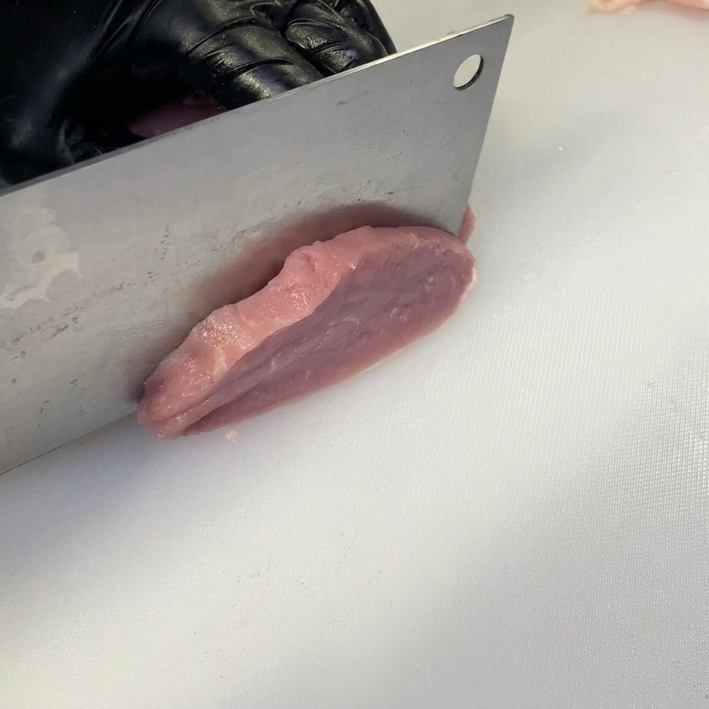 手袋をした手が、まな板の上の豚ヒレ肉に包丁で切り込みを入れている様子。