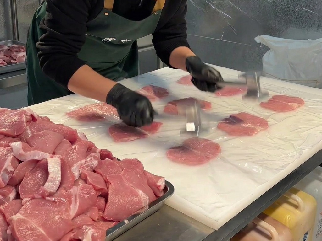 ラップの下でミートハンマーを使って肉を叩き、平らにしている様子。