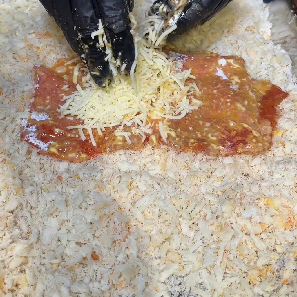 パン粉を敷いた台の上で、豚肉にたっぷりのチーズを乗せている様子。