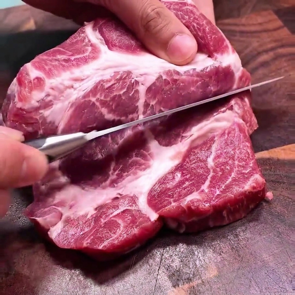 厚切り豚肉をまな板の上で横から包丁を入れて切り開いている様子。