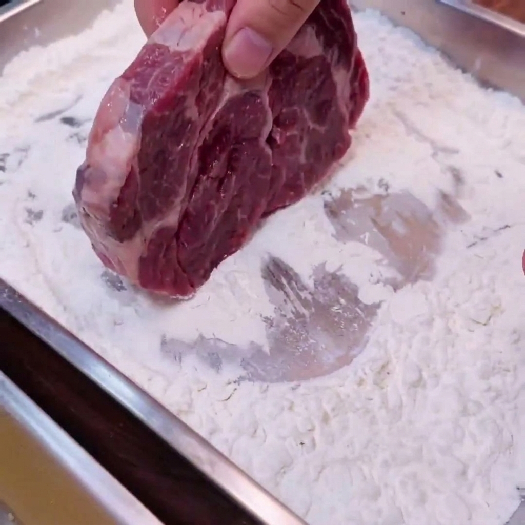下味をつけた豚肉を、片栗粉を入れたバットに押し付けている様子。