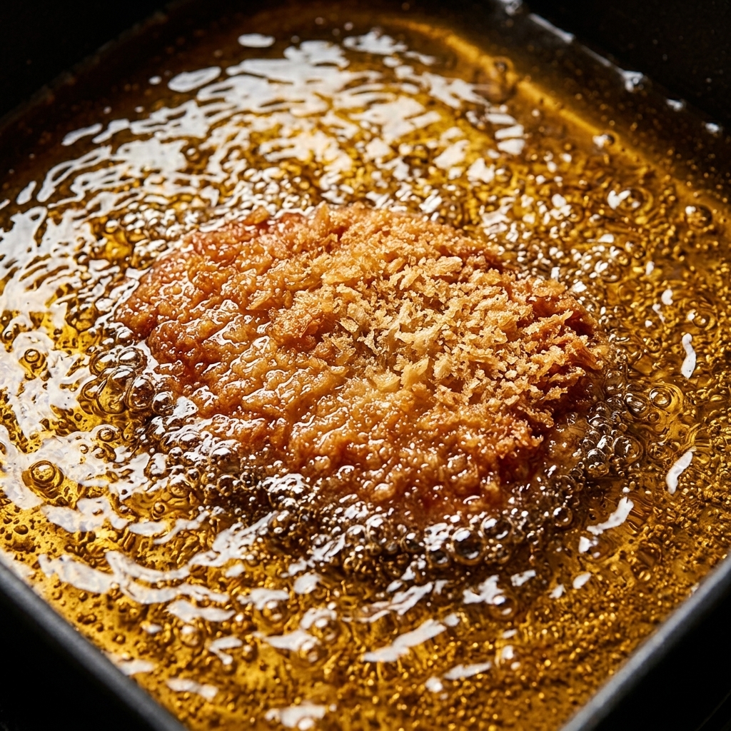 片栗粉をつけた豚肉を、溶き卵の中にくぐらせている様子。