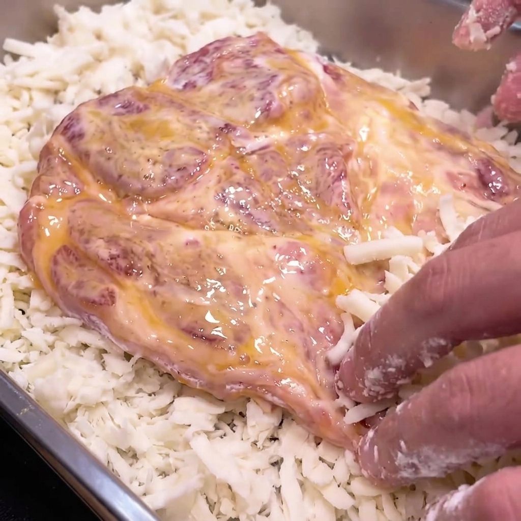 指でパン粉を豚肉に強く押し付けている様子。