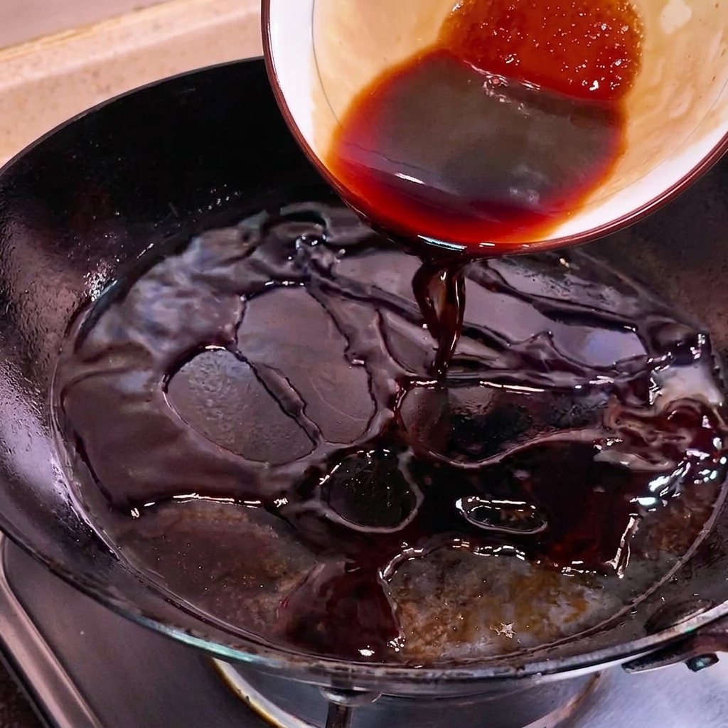 フライパンで醤油、みりん、砂糖、玉ねぎが煮立っている様子。