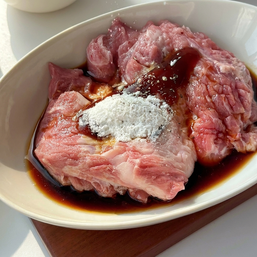手袋をした手で、白い陶器のボウルに入った味付きのポークチョップを揉み込んでいる様子。