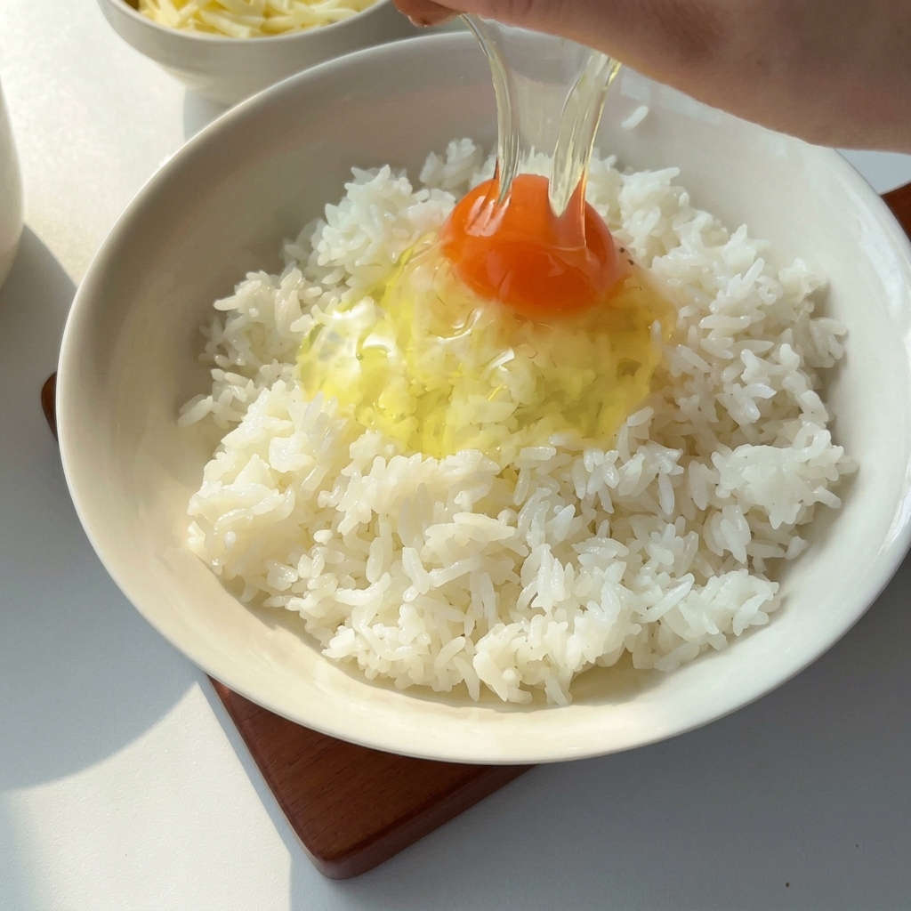 白米の入ったボウルに生卵を割り入れている様子。