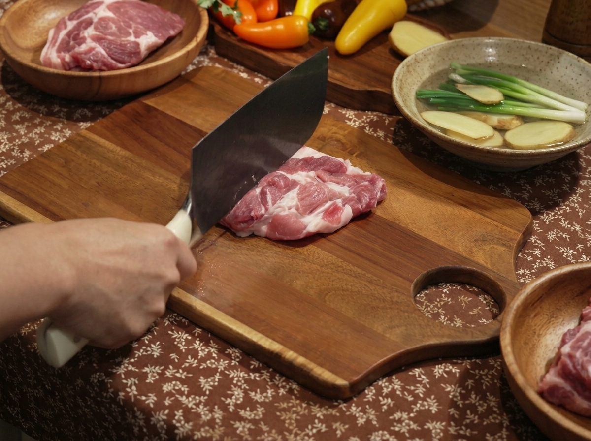 木のまな板の上で、醤油、オイスターソース、砂糖、塩、こしょうで下味をつけた豚肉。
