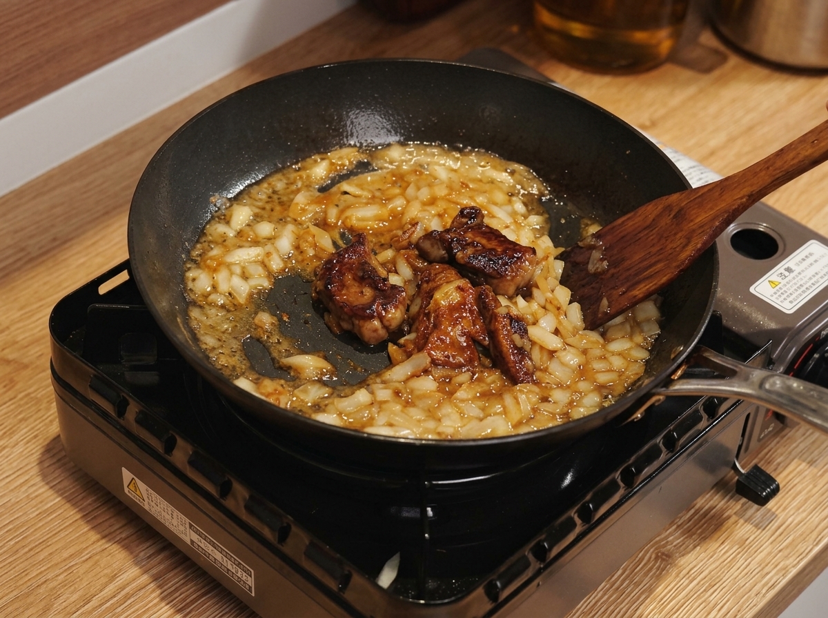 フライパンの濃厚なカレーソースに、溶けたチョコレートと牛乳を混ぜ合わせている様子。