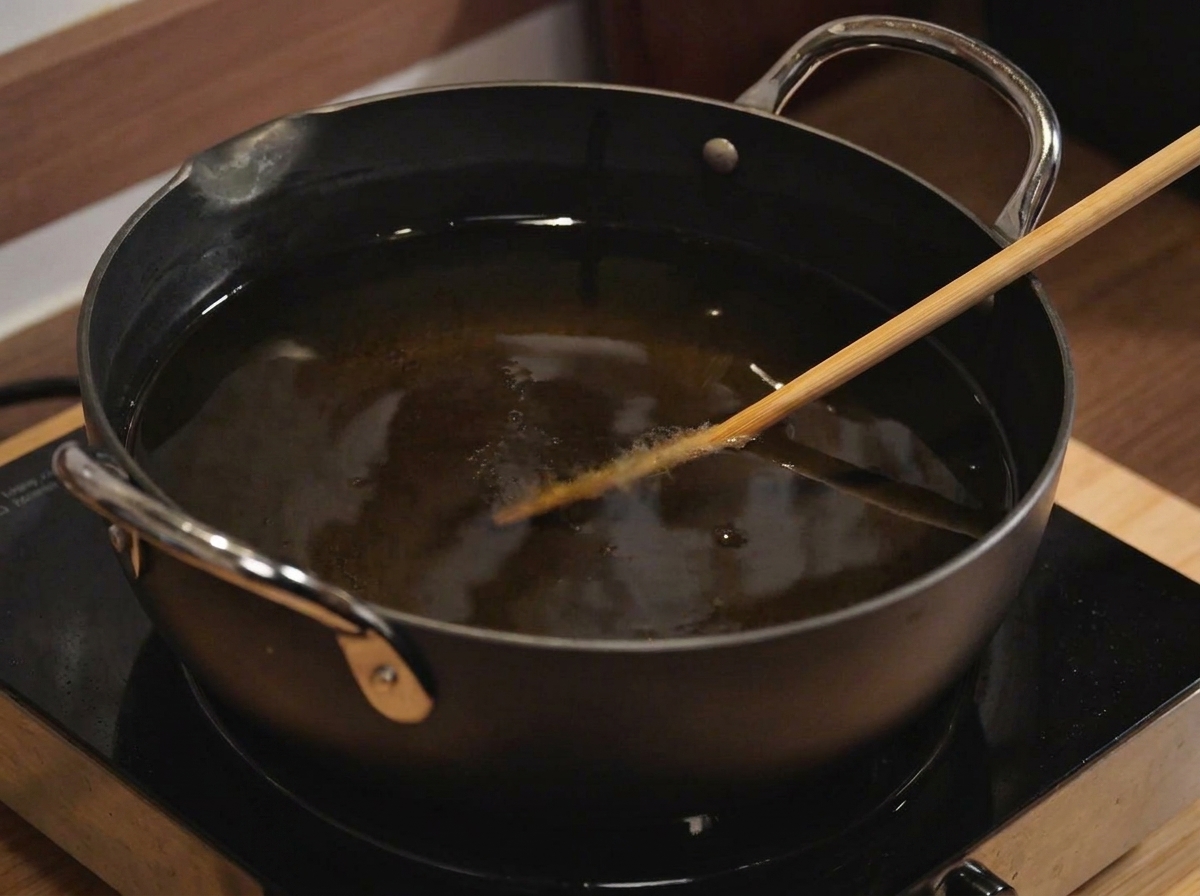 鍋の熱い油で、衣をつけた豚肉をきつね色に揚げている様子。
