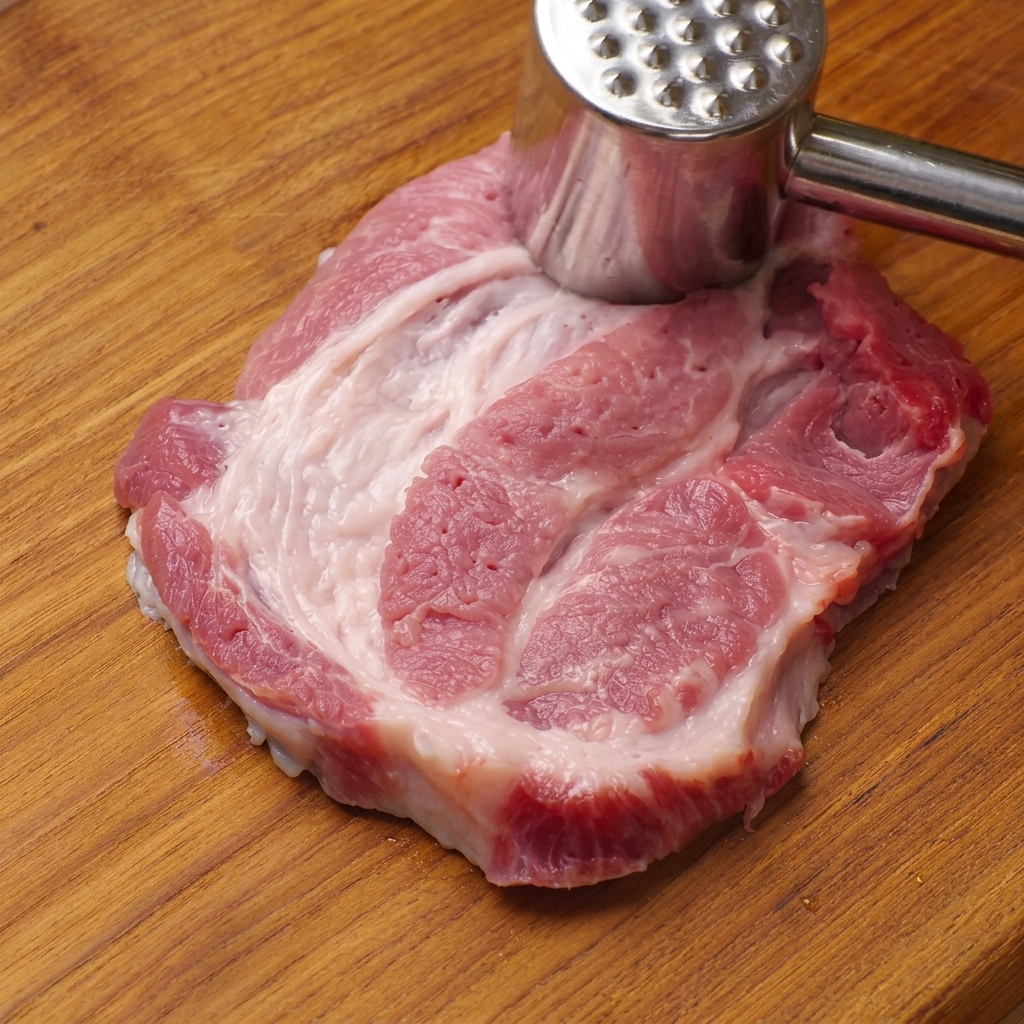 木のカッティングボードの上で、生の豚肩ロース肉を銀色のミートハンマーで叩いている様子。