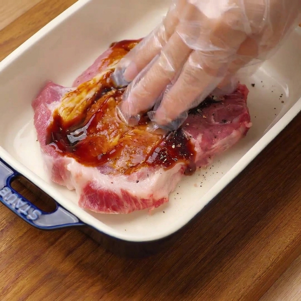 白い陶器の皿の中で、手袋をした手が生の豚肉にオイスターソース、塩、黒こしょうを揉み込んでいる様子。