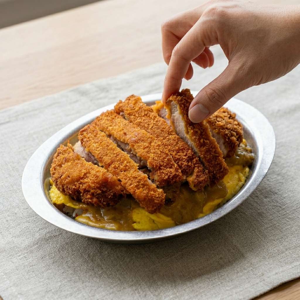 カレーと卵がのったご飯の上に、黄金色に揚がったサクサクの豚カツをスライスして並べている様子。