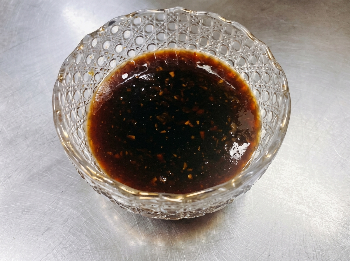 焼いた牛肉にタレを回し入れ、照りが出ている様子。