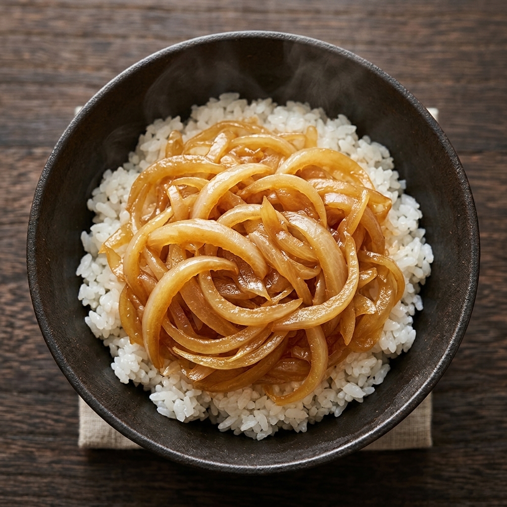 温かいご飯の上に、味が染みた玉ねぎを敷き詰めたどんぶり。