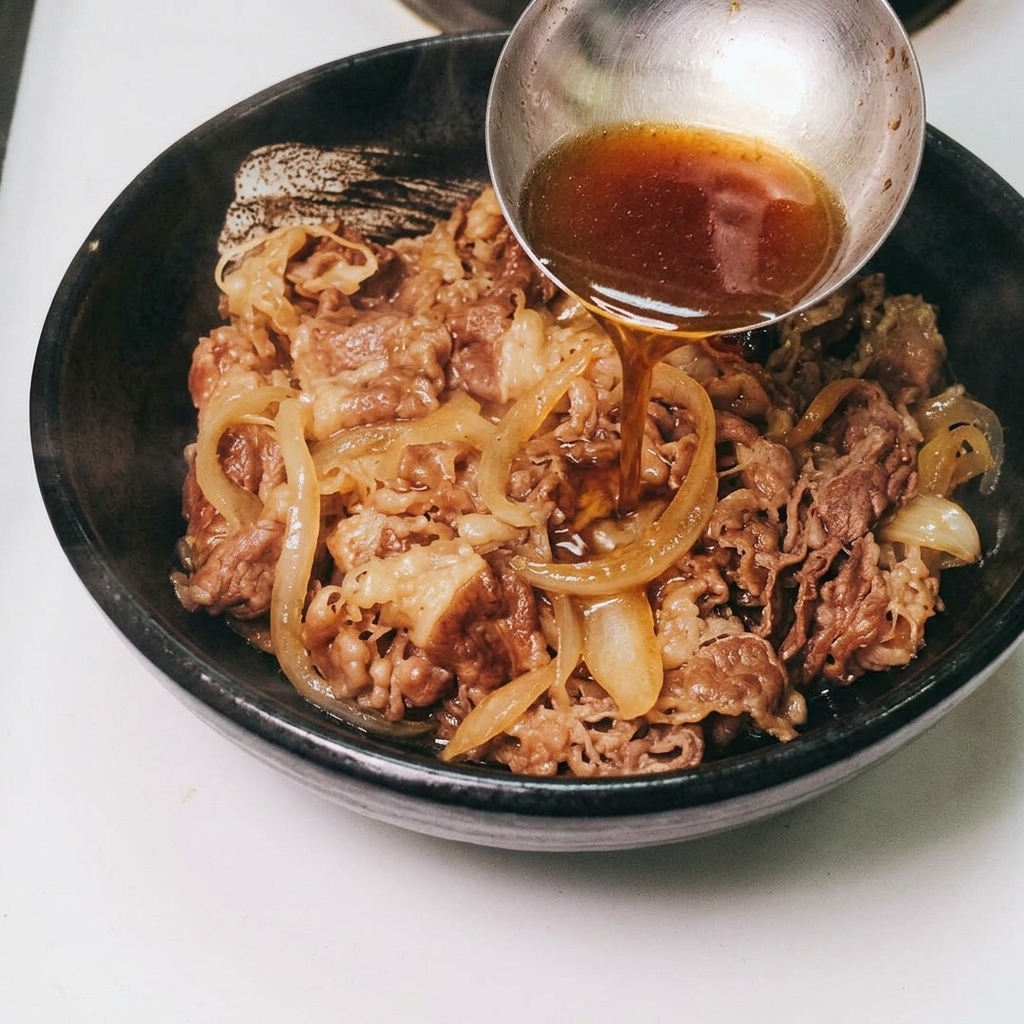 玉ねぎの上に牛肉をのせ、お玉で煮汁をたっぷりとかけている様子。