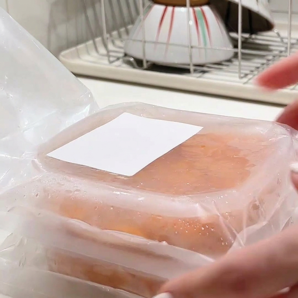 新鮮なオレンジ色のウニが入った容器のプラスチックパッケージを開ける手。
