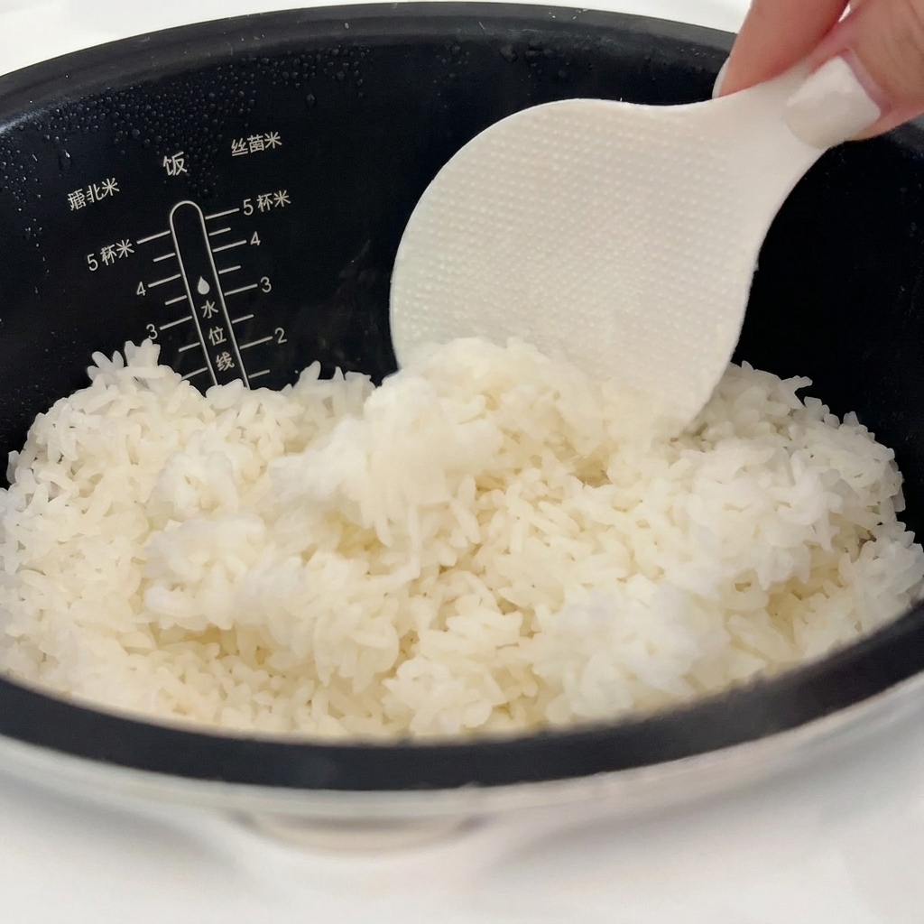 炊飯器からほかほかの白いご飯を白いしゃもじでよそっている様子。