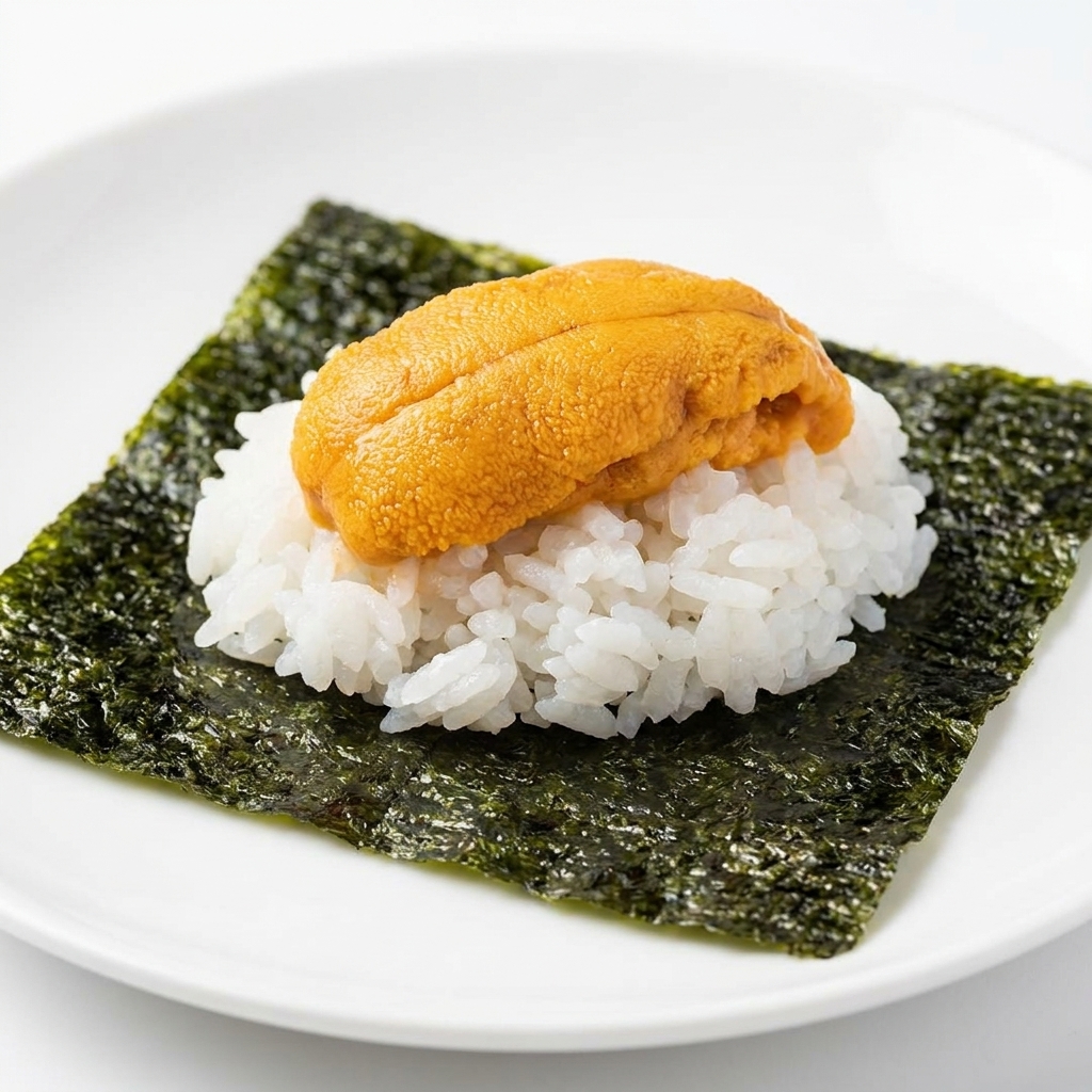 パリッとした濃い緑色の焼き海苔の上に、少量の白ご飯と生のウニがのっている様子。
