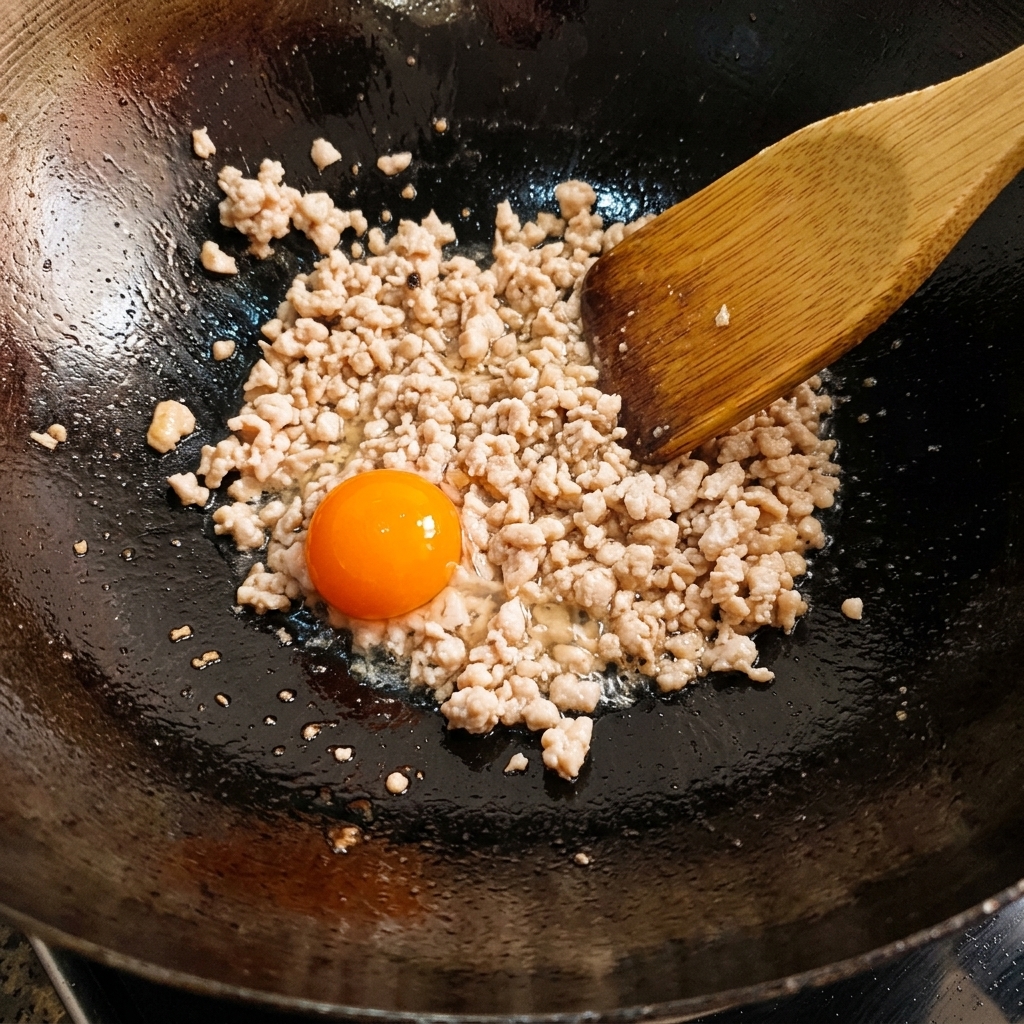 塩卵を潰しながら挽肉と一緒に炒めている様子。