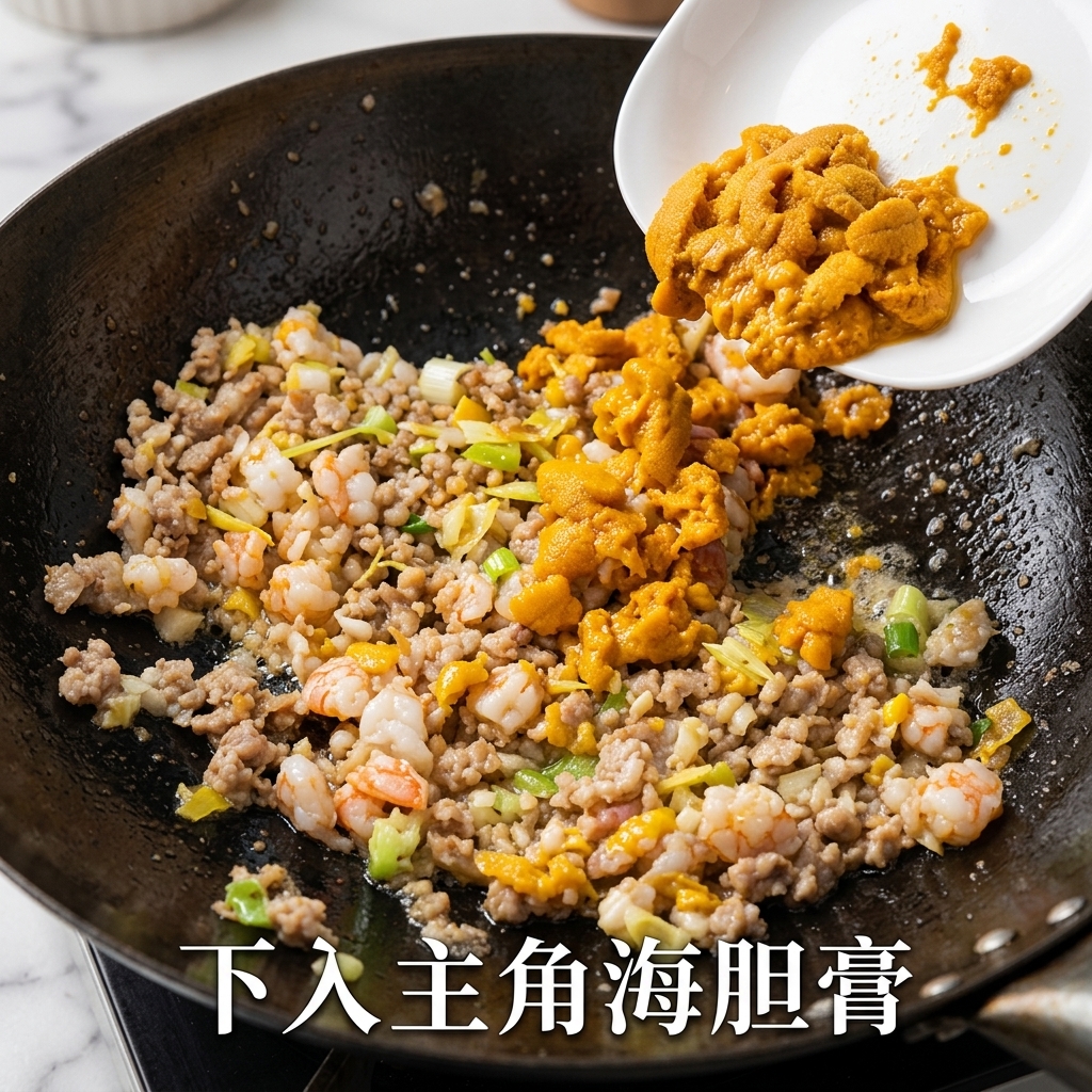 炒めた具材にうにペーストを加えている様子。