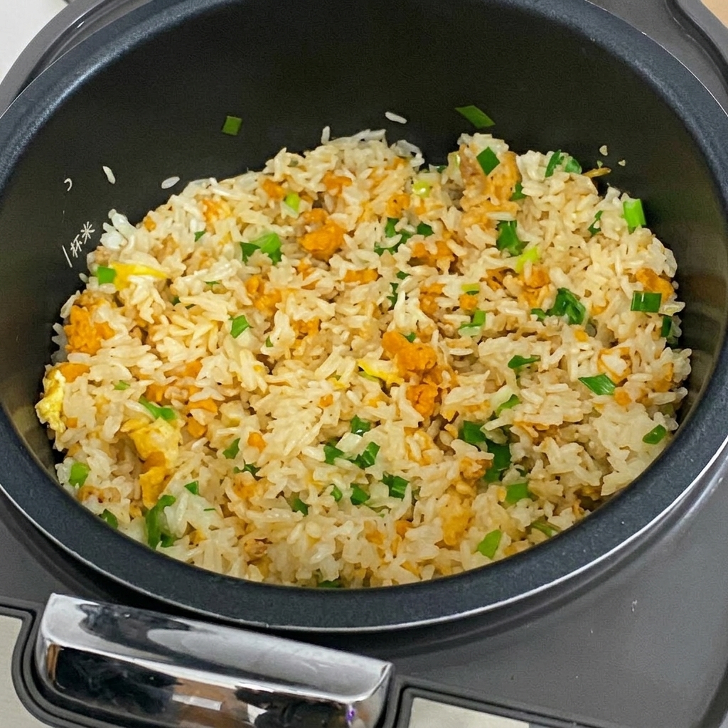 炊飯器の中で具材とご飯をヘラで混ぜ合わせている様子。
