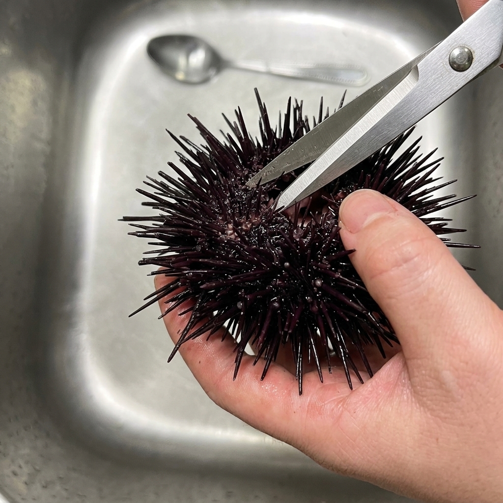 キッチンバサミで黒い雲丹の殻を切っている様子