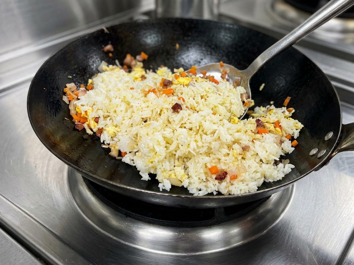 中華鍋でご飯を力強くあおっている様子