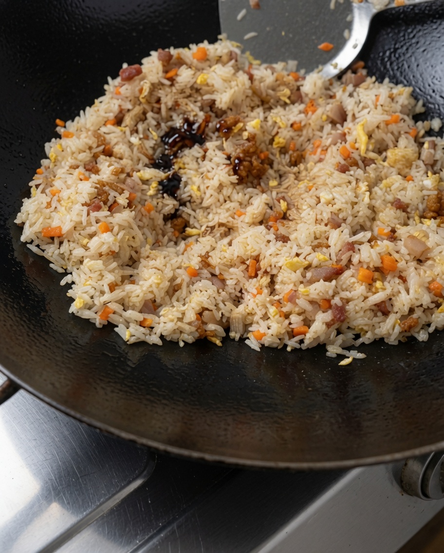 鍋の縁から醤油を回し入れている様子