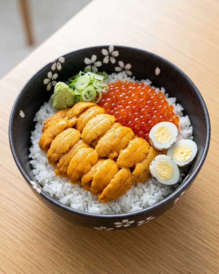 箸を使って、温かいご飯の上に雲丹を一つずつ丁寧に並べている様子。
