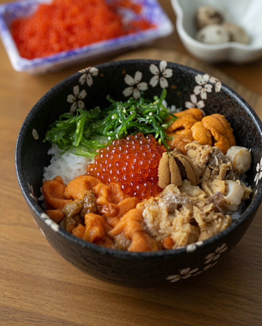 色鮮やかな緑色の海藻サラダを、ご飯と魚介の横に盛り付けている。