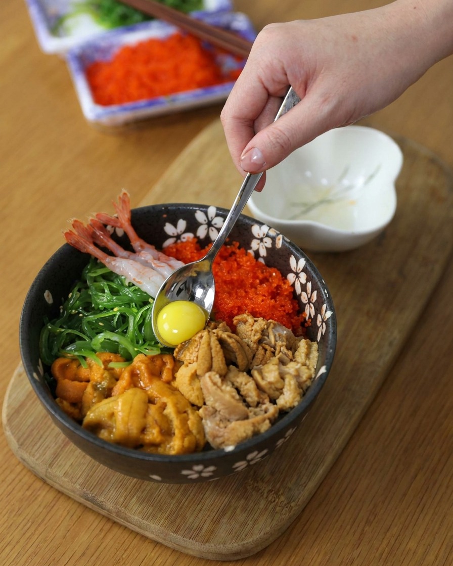 海鮮を盛り付けた丼の中央に、うずらの卵の黄身を慎重に載せている。
