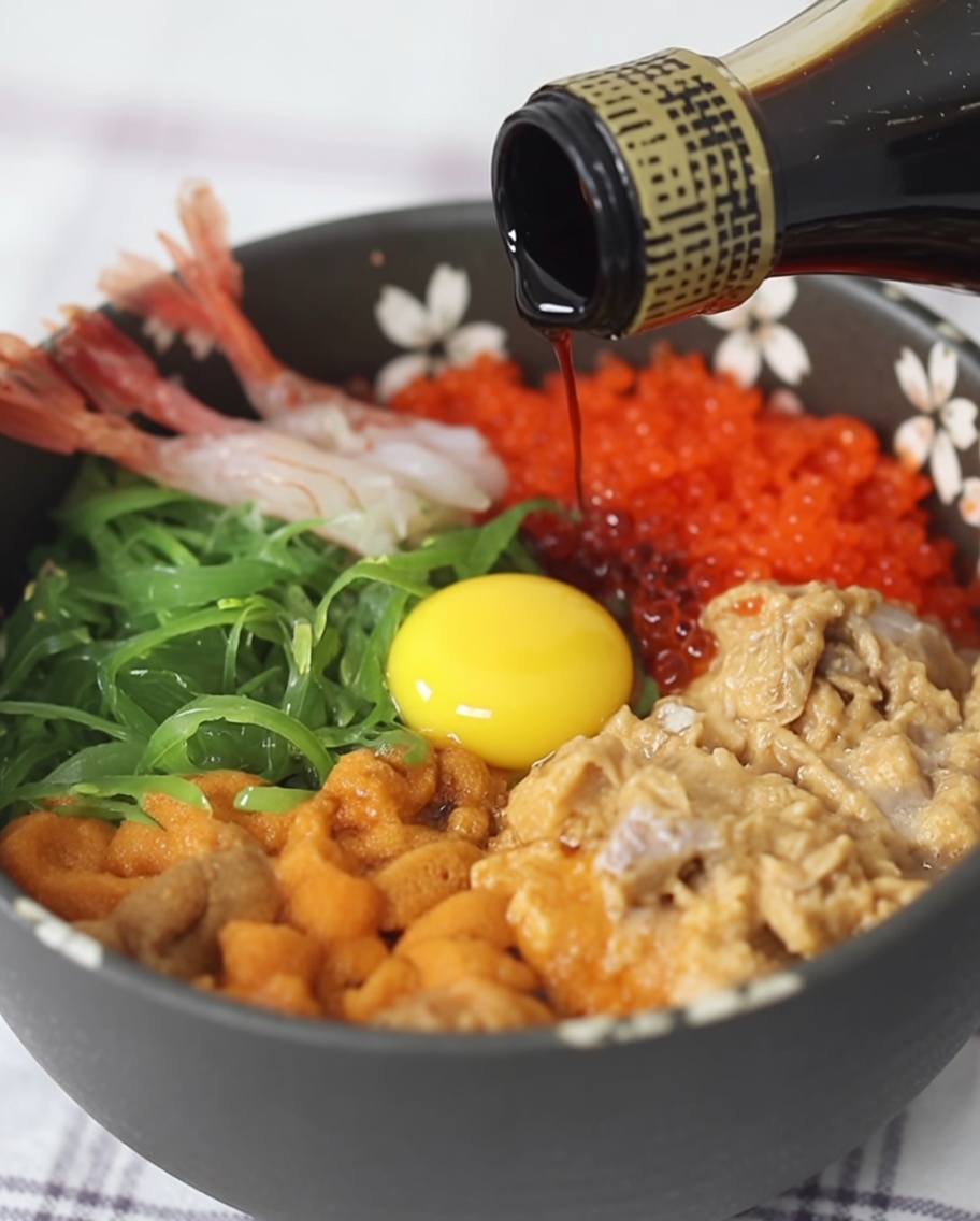 仕上がった海鮮丼の上から、醤油を少したらしている様子。