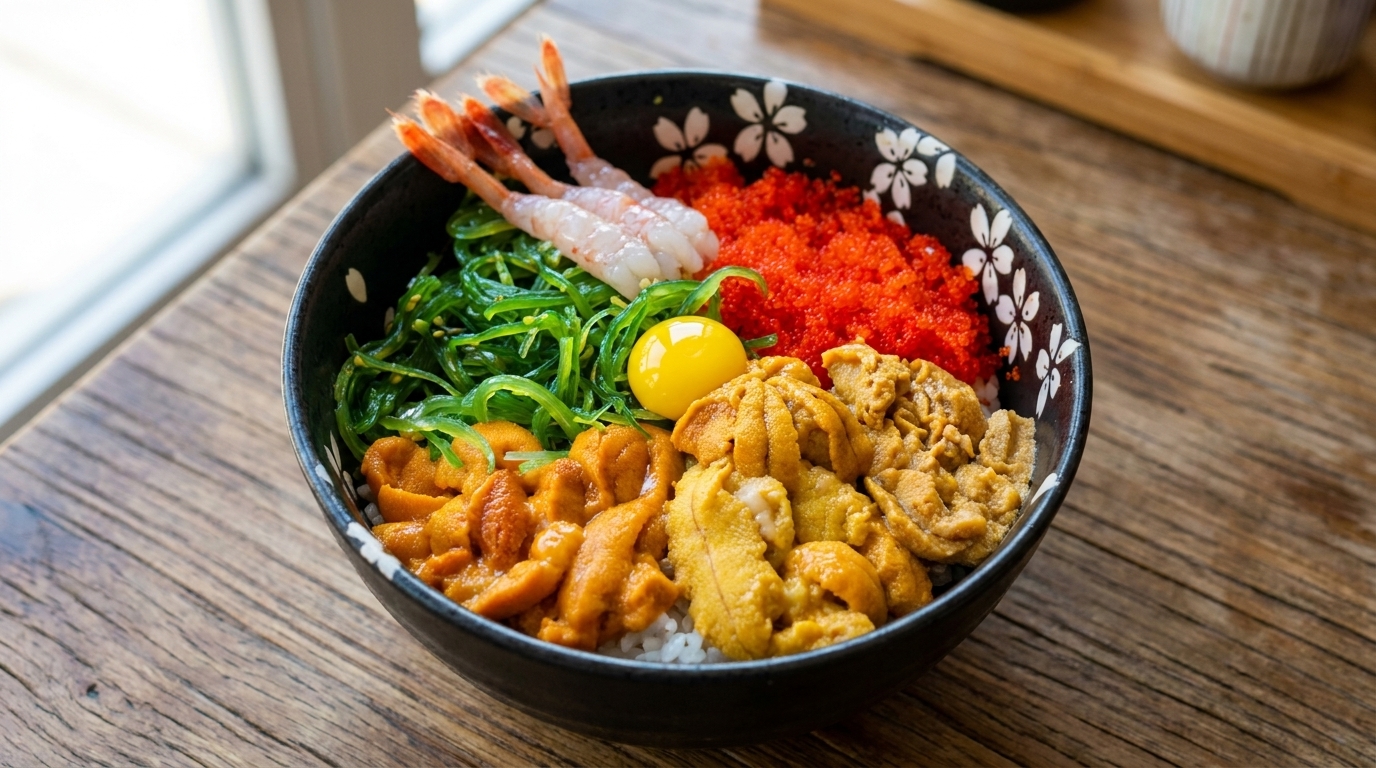 温かいご飯の上に、新鮮な雲丹、とびこ、海藻サラダ、甘エビをのせ、最後にうずらの卵黄をトッピングした彩り豊かな雲丹丼。