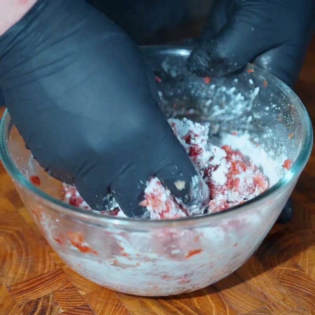 肉だねを叩きつけて弾力を出している様子。