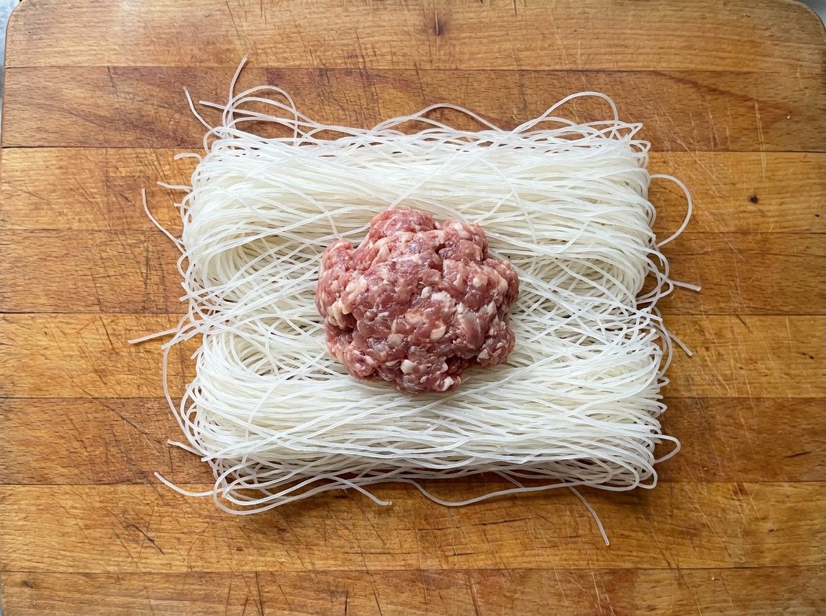 広げた生地の中央に肉だねが置かれている様子。