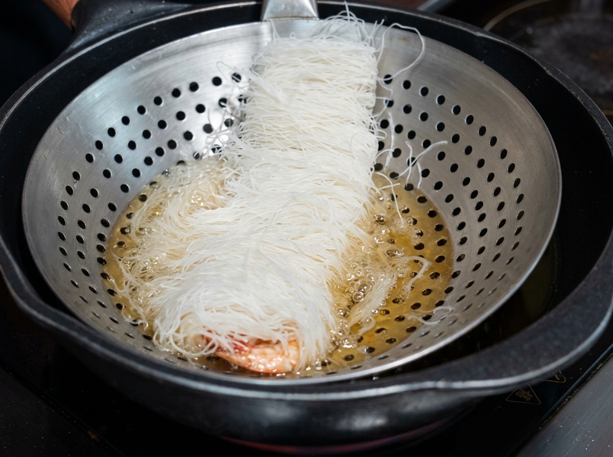 油の入った鍋にロールを優しく入れている様子。
