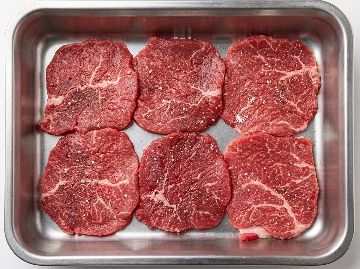 トレーに並べた牛肉に、塩と黒こしょうを軽く振っている様子。