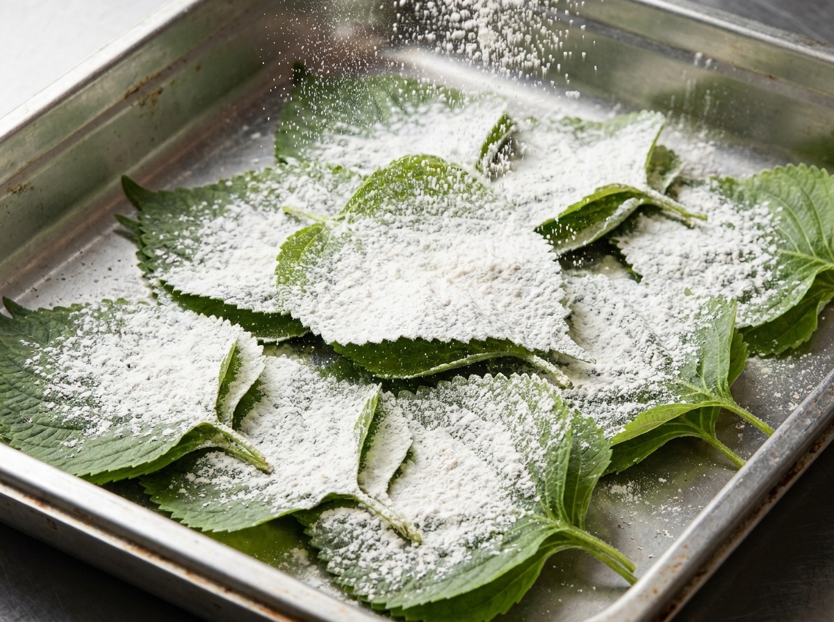 エゴマの葉の両面に軽く小麦粉をまぶしている様子。