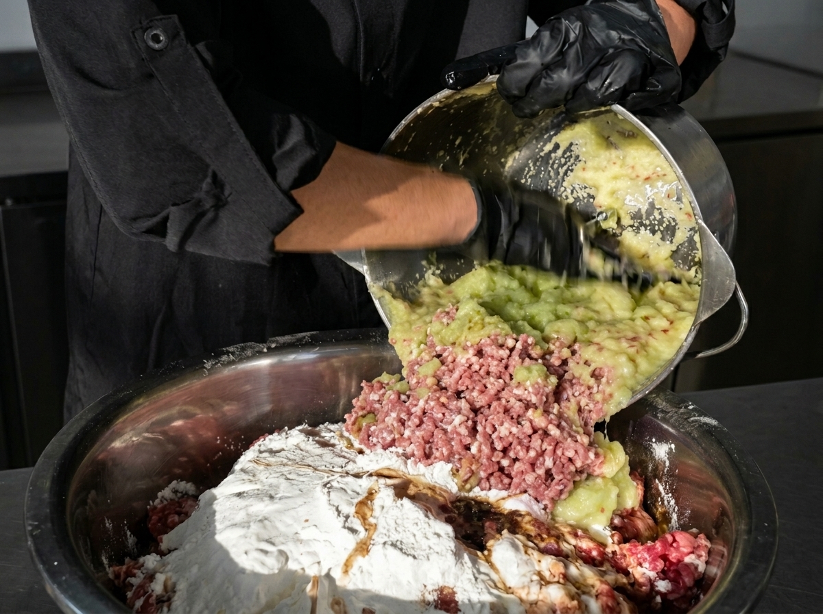 フードプロセッサーで作った野菜と果物のピューレを、挽肉の入ったボウルに注ぐ様子。
