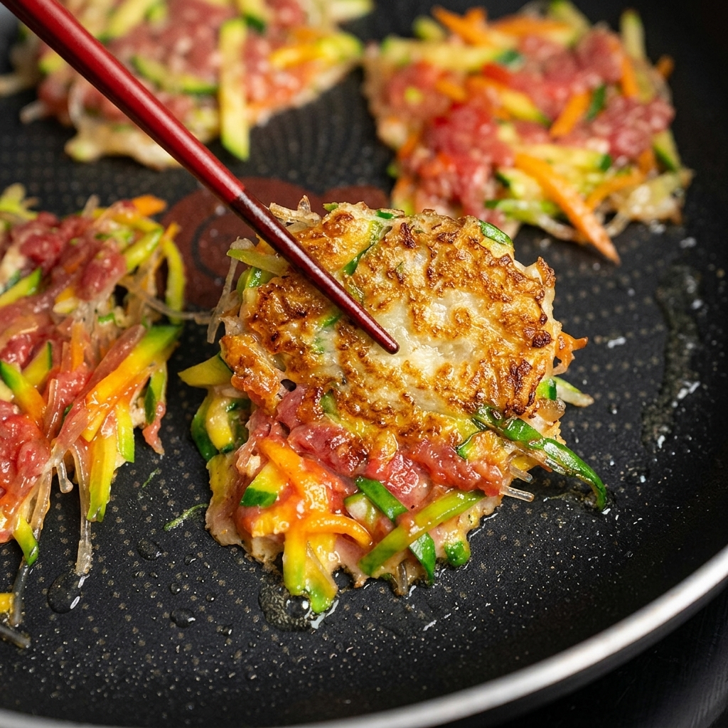 こんがり焼けたチヂミを、フライパンの中でヘラを使って半分に折りたたんでいる様子。