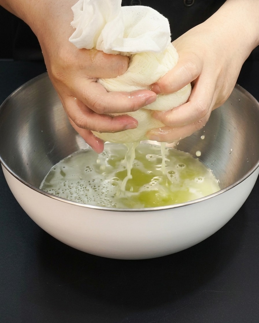 濾した果汁ベースに醤油などの調味料を加えているボウル。