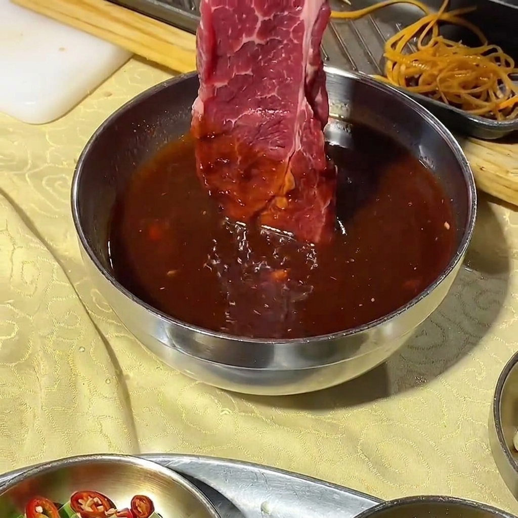 金属製のボウルに入った韓国風焼肉のタレに、スライスした生肉をくぐらせている様子。