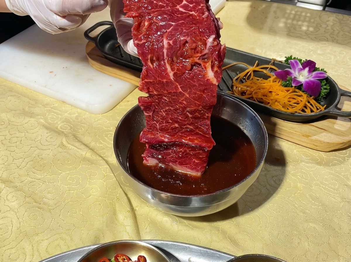 タレをまとった牛肉をボウルから取り出し、盛り付け用の皿に並べる直前の様子。