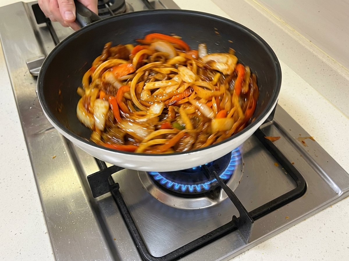 タレが絡んだ豚肉のフライパンに、玉ねぎとにんじんを加えている様子。