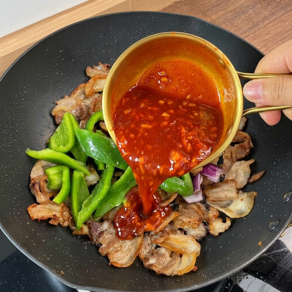金色のボウルからフライパンの豚肉と野菜全体に、濃い赤色のタレが注ぎ掛けられている様子。