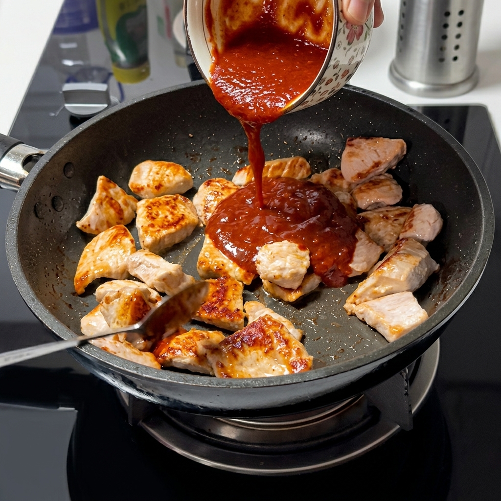 豚肉を焼いているフライパンに、赤い合わせ調味料を流し入れている様子。