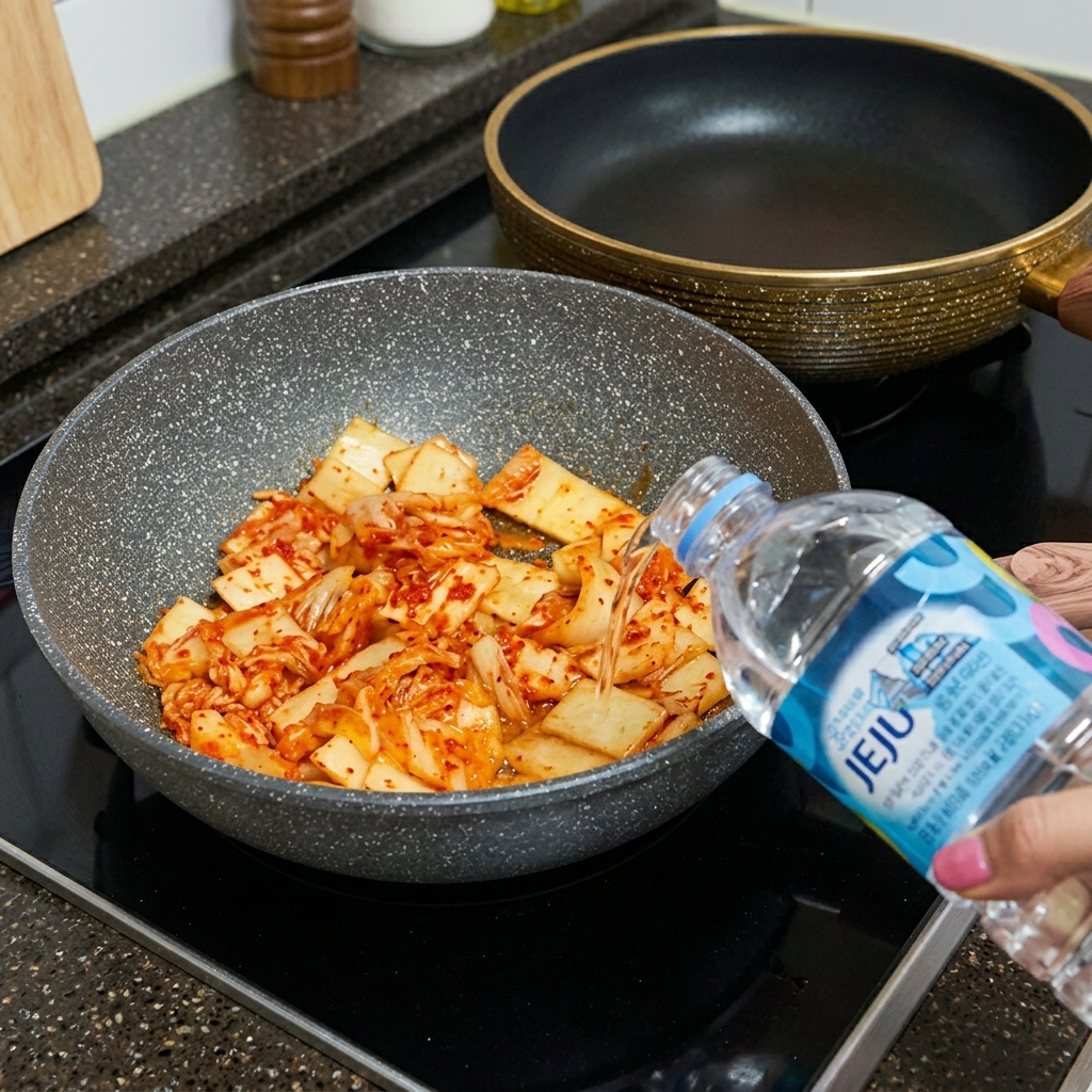炒めたキムチが入った鍋にボトルから水を注いでいる様子。